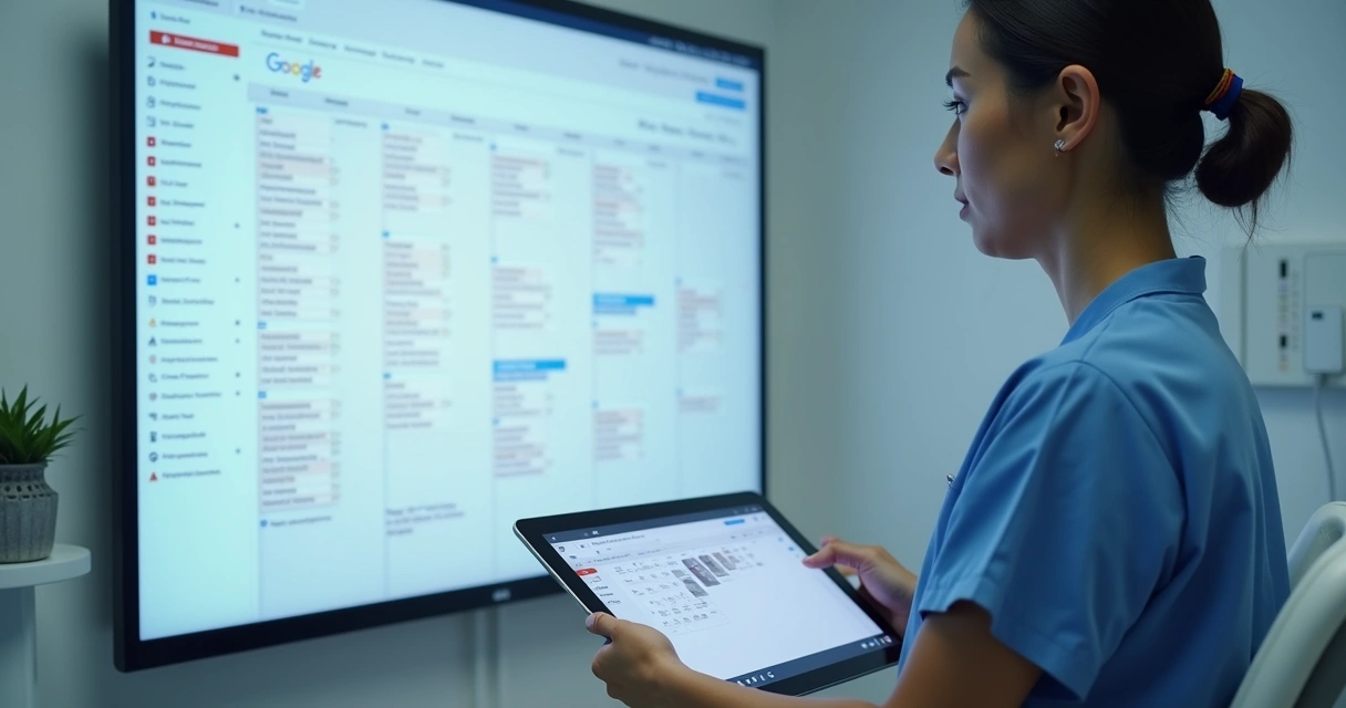 Recepcionista odontológica usando Google Agenda em um computador 
