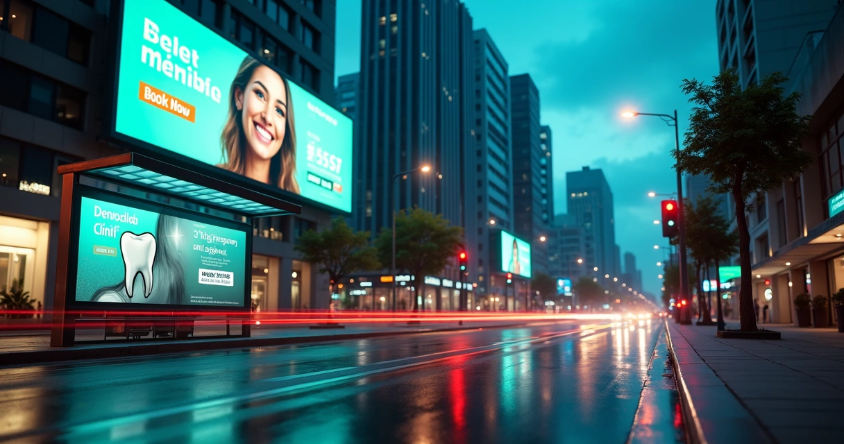 Painéis digitais mostrando anúncios de odontologia em ruas de cidade moderna 