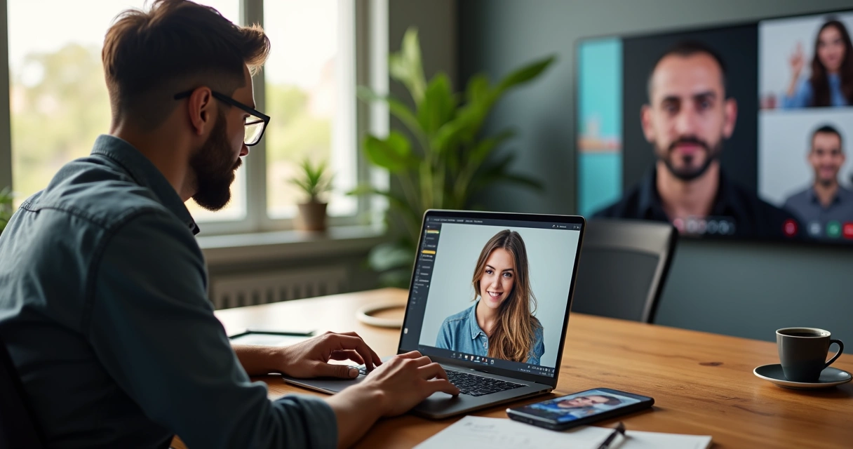Empresário usando notebook com Google Gemini e recursos de tradução e edição de imagens na tela 