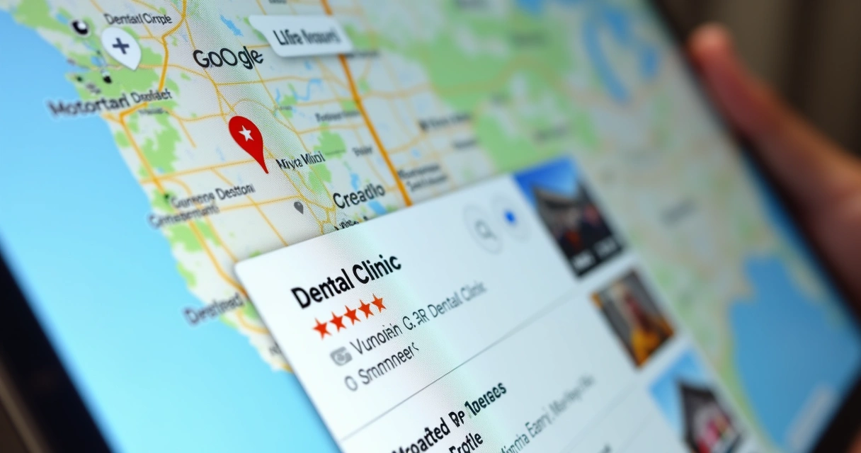 Imagem de tela de Google Maps, clínica no topo do ranking e comentários positivos 