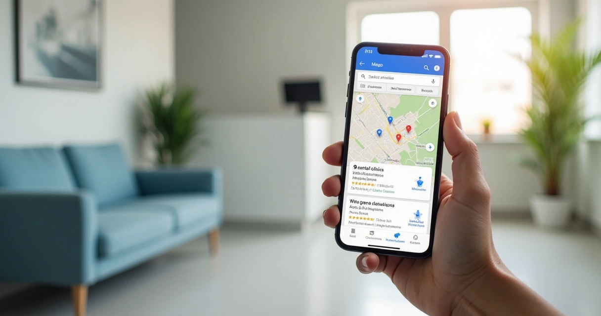 Pesquisa de clínica odontológica no Google Maps em celular 