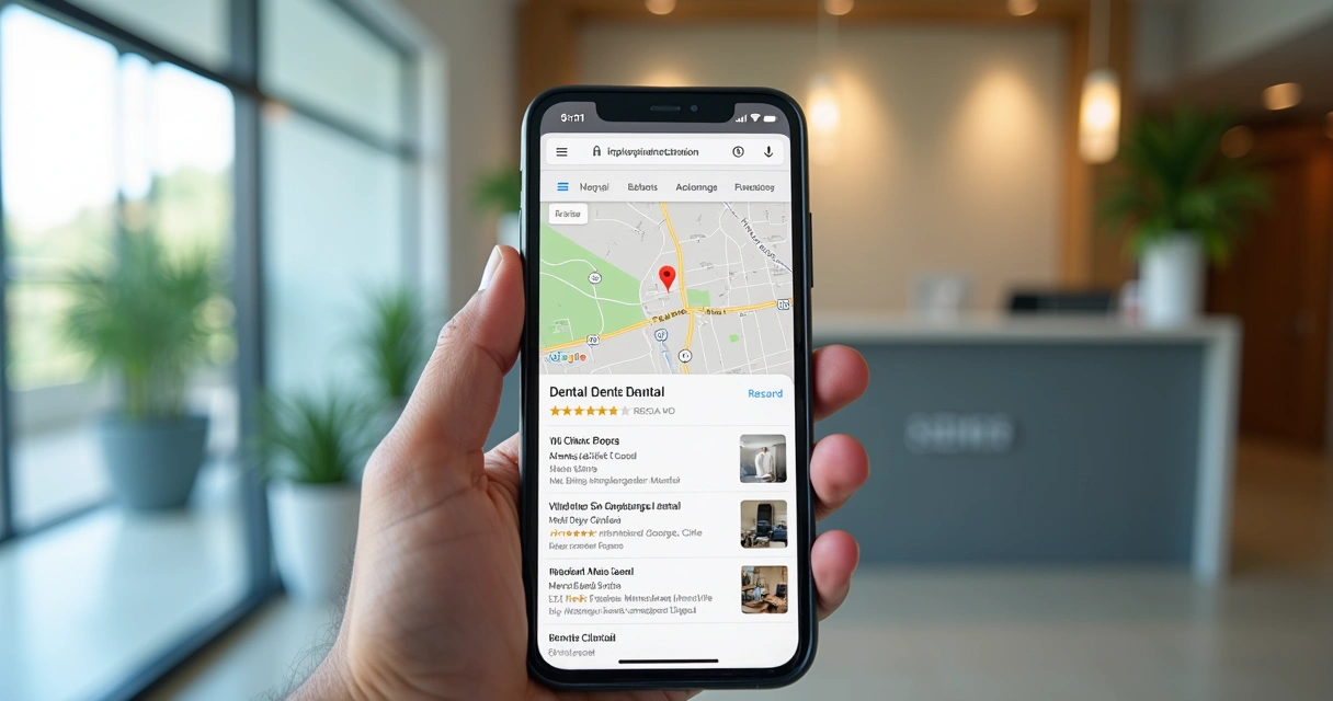 Busca de clínica odontológica no Google Maps com avaliações 