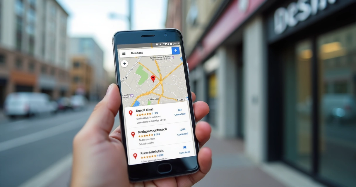 Celular mostrando clínica odontológica destacada no Google Maps