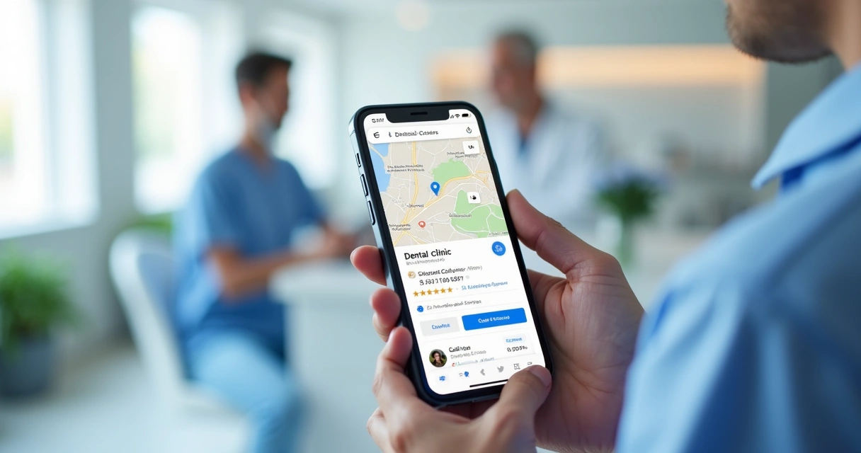 Ficha de clínica odontológica no Google Maps em tela de celular 