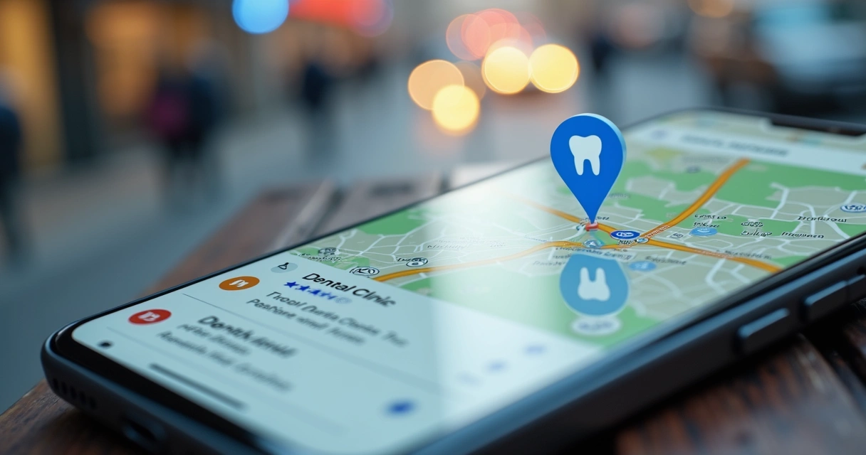 Tela de celular mostrando clínica odontológica destacada no Google Maps 