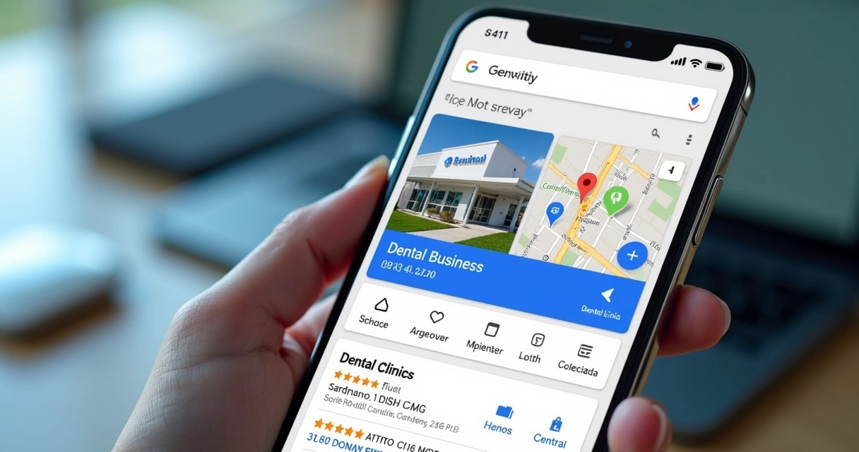 Tela de celular mostrando ficha Google de clínica odontológica em destaque nos resultados locais
