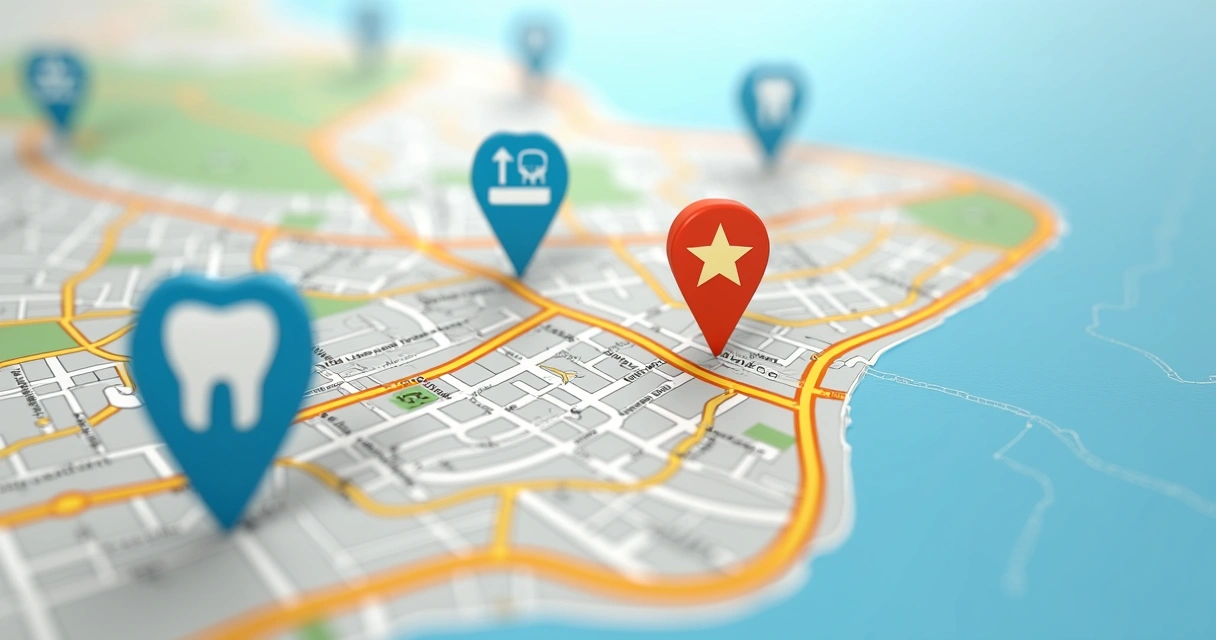 Interface de Google Maps mostrando clínicas odontológicas e avaliações 