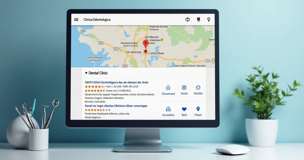Mapa mostrando localização de clínica odontológica e avaliações 