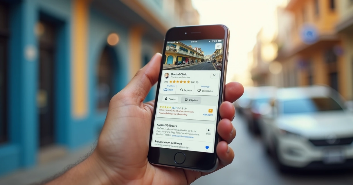 Tela de celular com perfil de clínica odontológica no Google Maps 