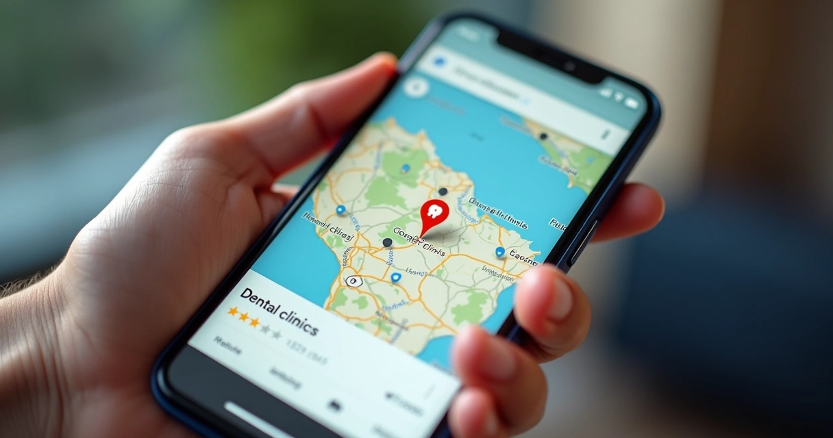 Busca por clínica odontológica aberta no Google Maps, com destaque no mapa e nas avaliações de usuários. 
