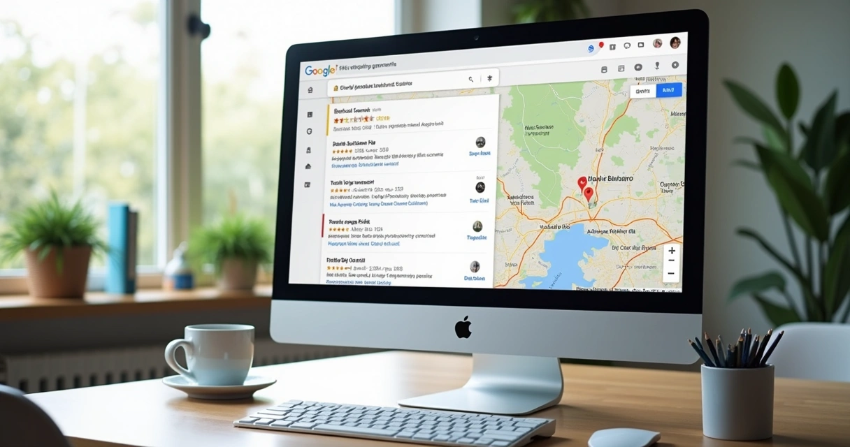 Ficha de clínica odontológica no topo do Google Maps em tela de computador