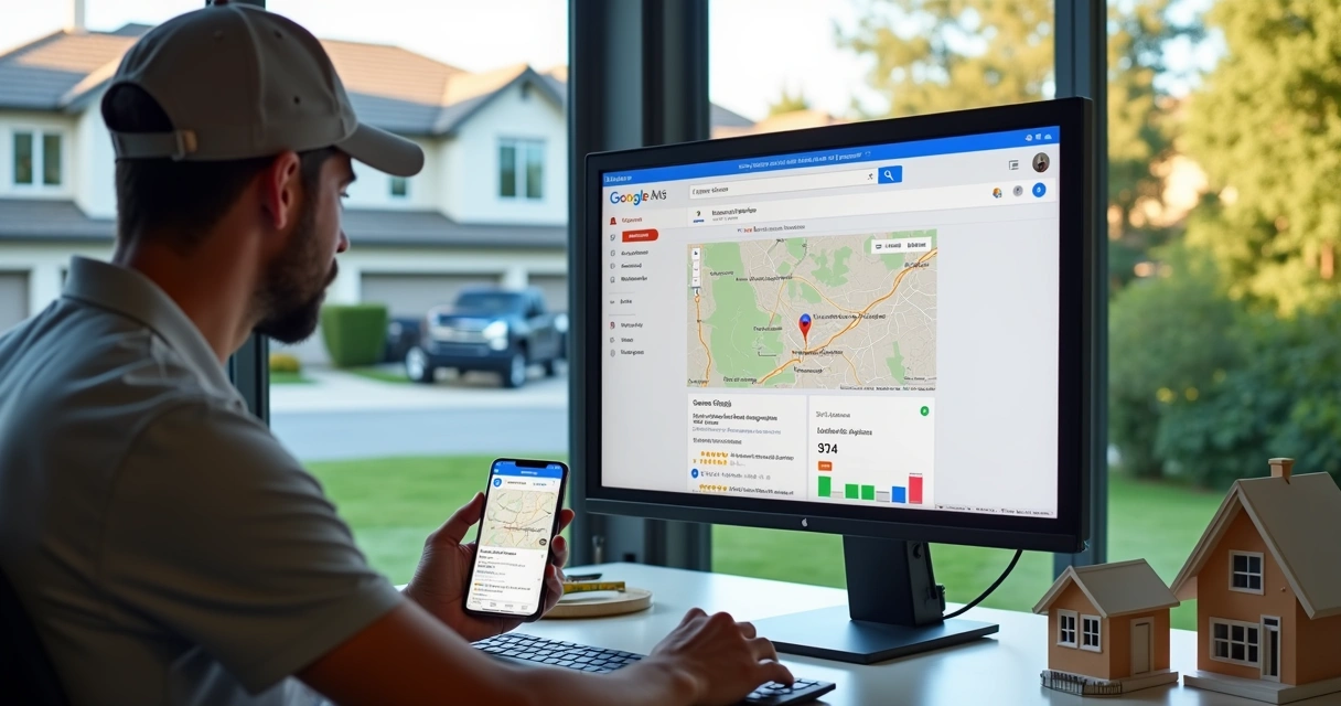 Empreendedor de serviços residenciais nos EUA analisando painel do Google Meu Negócio 