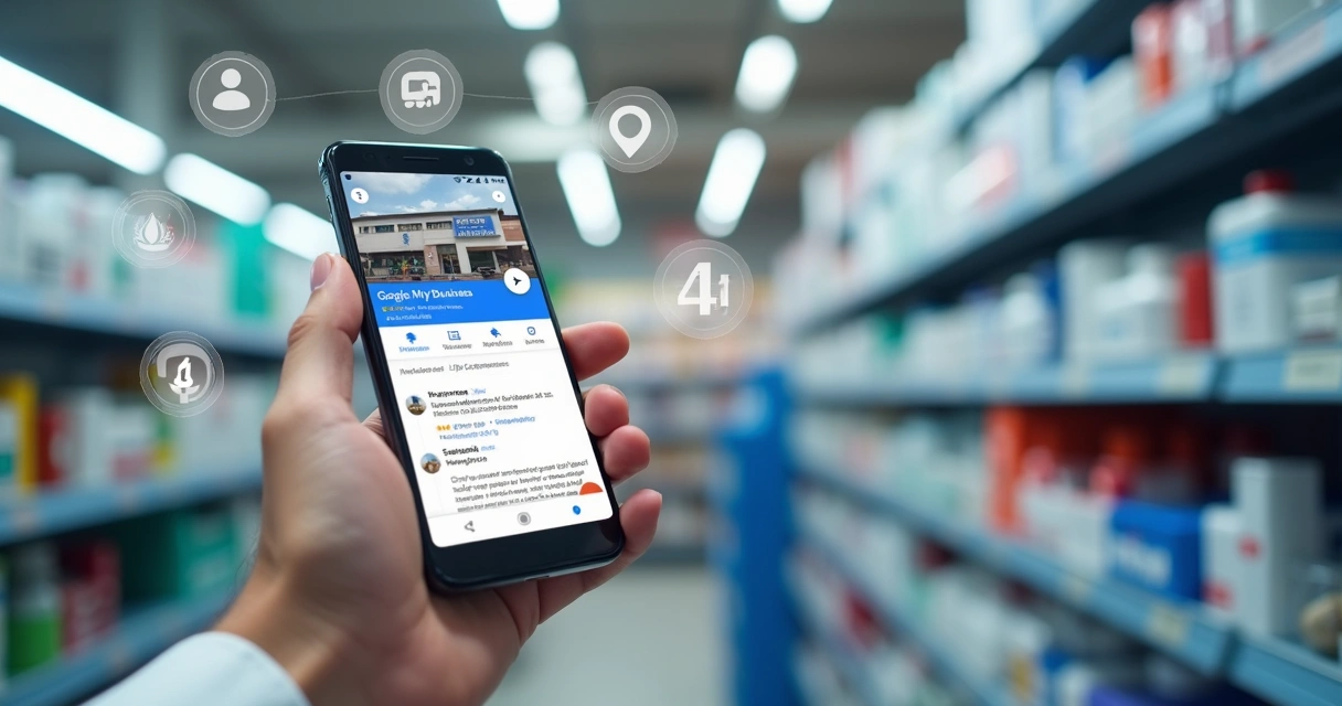Tela do Google Meu Negócio de uma farmácia local exibida em smartphone 