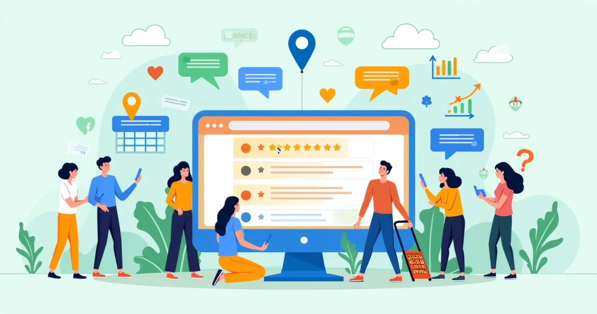 Ilustração sobre o Google Meu Negócio com clientes felizes e avaliações positivas.