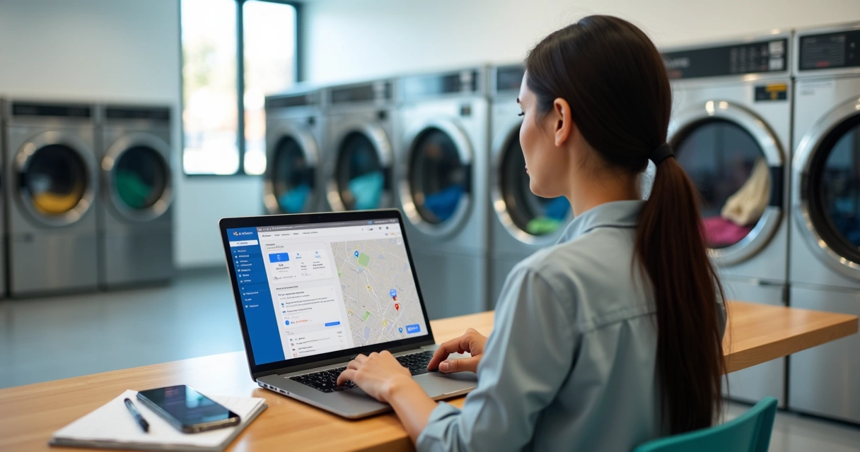 Dona de lavanderia self service configurando o perfil da empresa no Google Meu Negócio em um notebook 