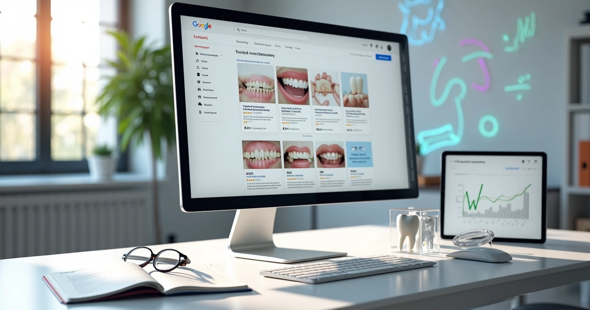 Painel de marketing com anúncios de Google Shopping de tratamentos odontológicos na tela de computador 