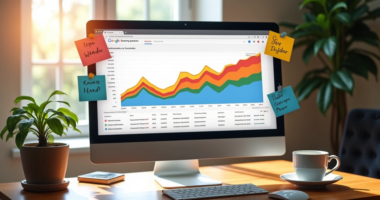 Tela do computador mostra gráfico do Google Trends com várias linhas coloridas 