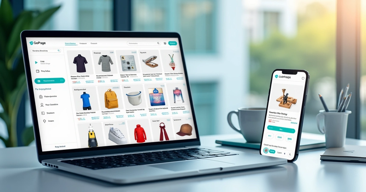 Catálogo digital interativo criado na plataforma Gopage, exibido em notebook e celular 