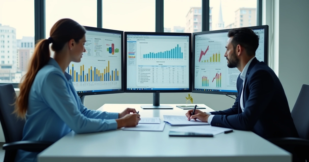 People working in an office with charts showing GOSI compliance 