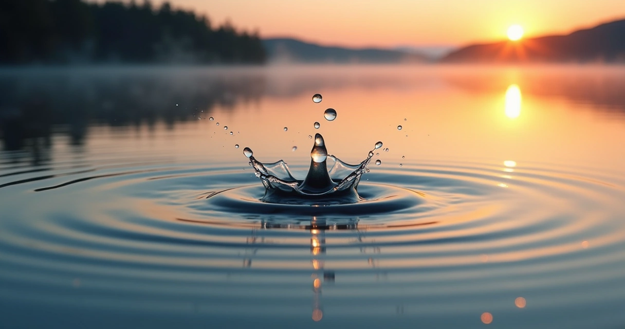 Gota de água criando ondas concêntricas em lago calmo ao amanhecer 