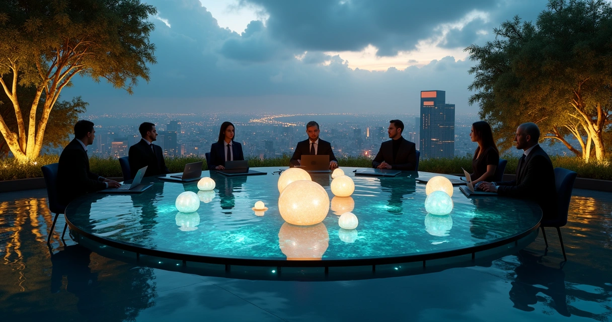 Conselho corporativo reunido em mesa redonda com cidade ao fundo formando anel de luzes 