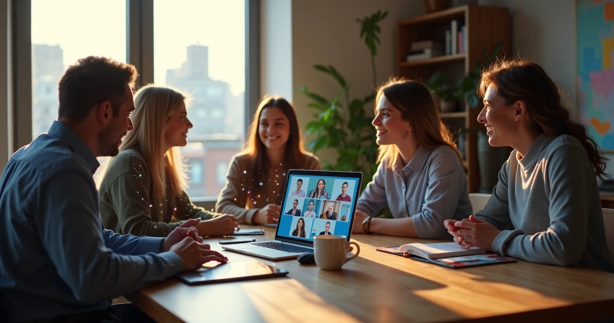 Equipe híbrida conectada por linhas luminosas em ambiente de trabalho flexível 