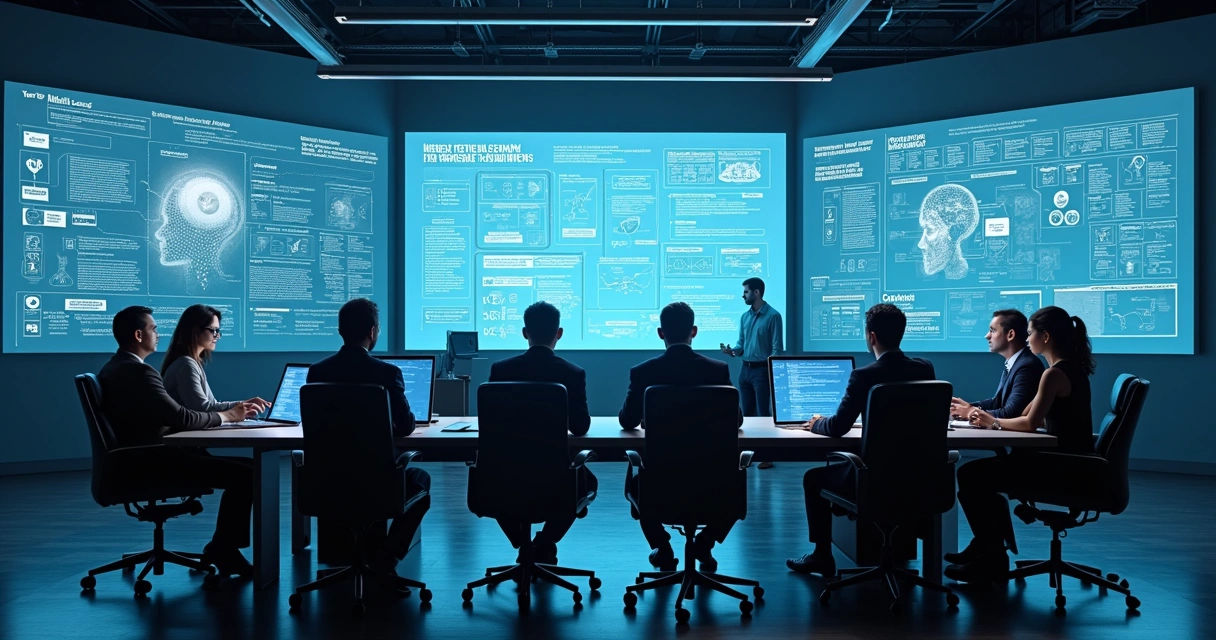 Equipe de governança reunida em mesa avaliando fluxos de IA em grandes telas.