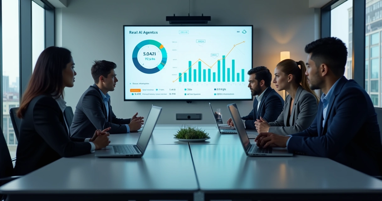 Equipe reunida monitorando dashboard de agentes de IA em sala moderna 