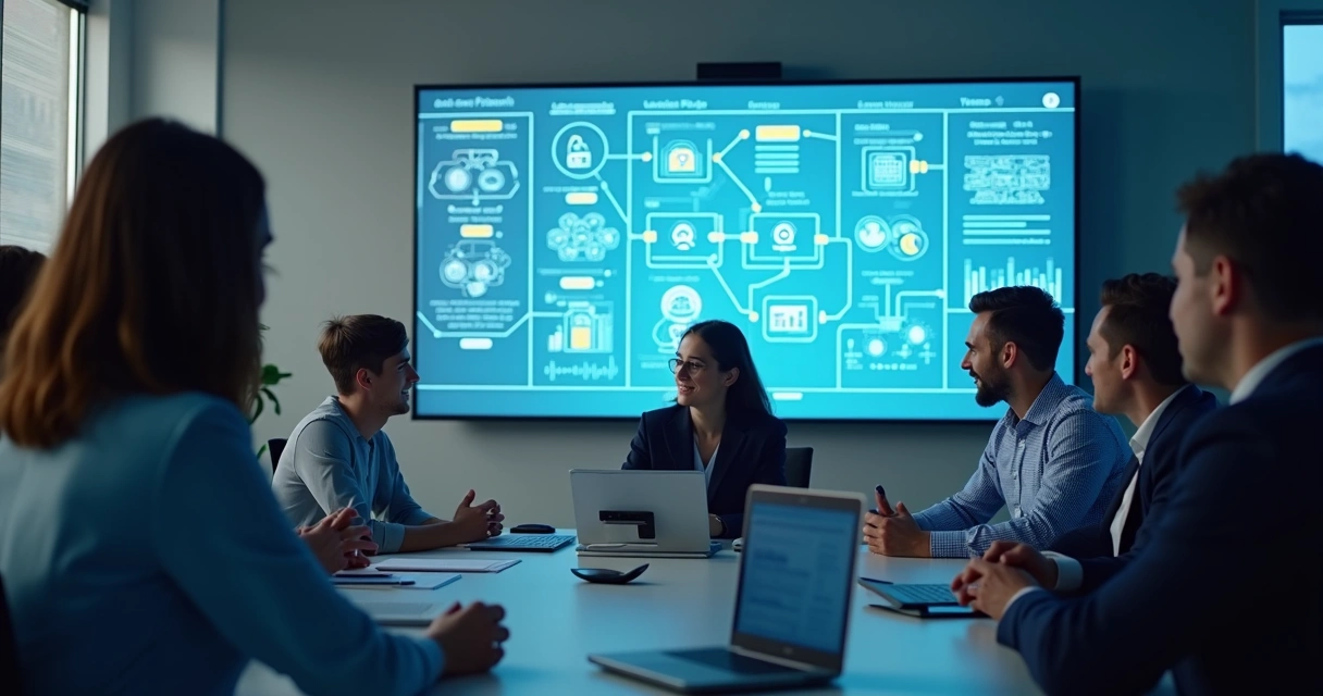Equipe discutindo governança e compliance de dados em automação 