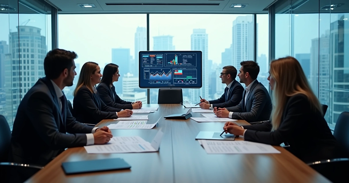 Mesa de reunião com equipe analisando gráficos e documentos sobre compliance e governança.