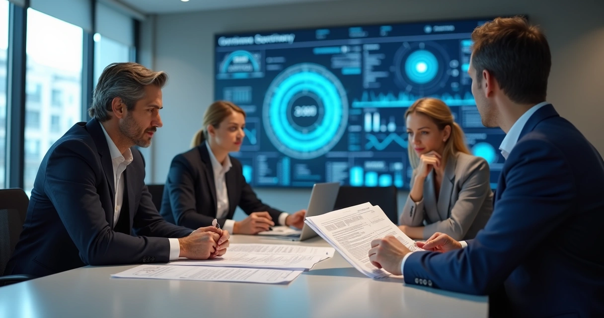 Executivos analisando relatórios de segurança em reunião de conselho, discutindo governança e compliance 