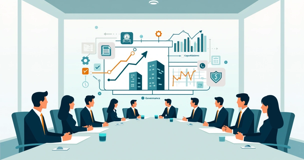 Conselho analisando estratégia de governança corporativa para M&A em mesa de reunião 