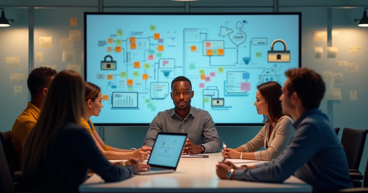 Profissionais reunidos debatendo estratégias de governança e cultura de dados 