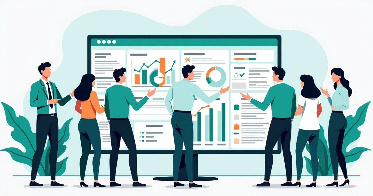 Equipe de diferentes setores reunida em torno de dashboards de dados. 