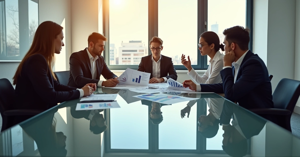 Reunião de gestores discutindo gráficos em sala de reunião 
