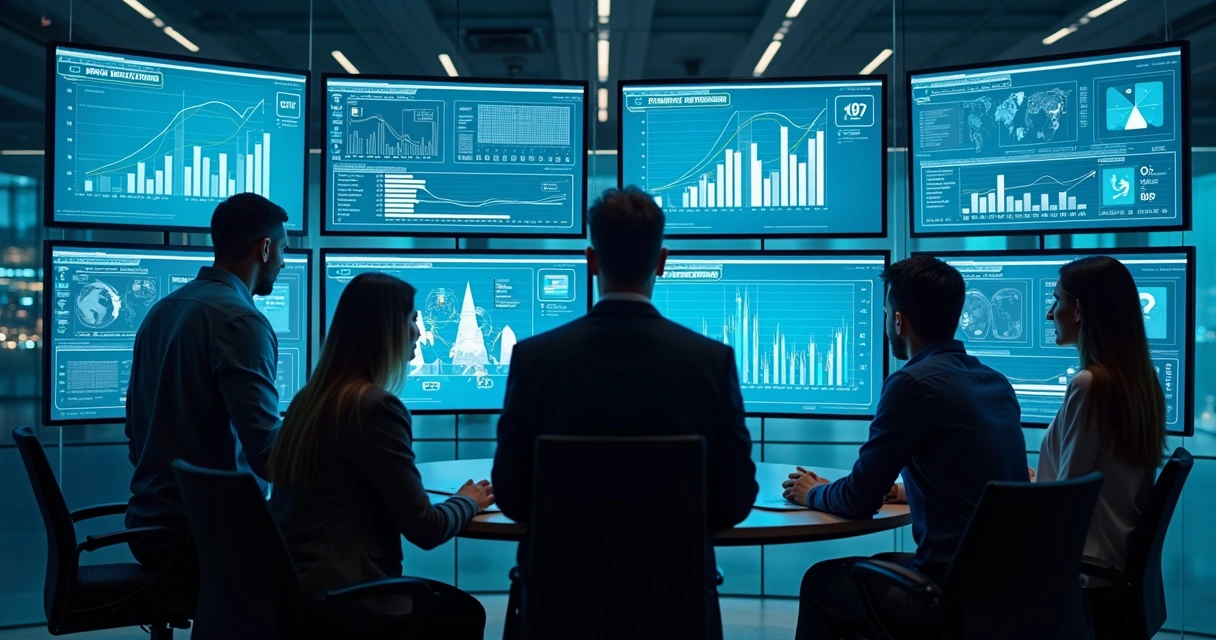Colaboradores analisando dados em telas de computador 
