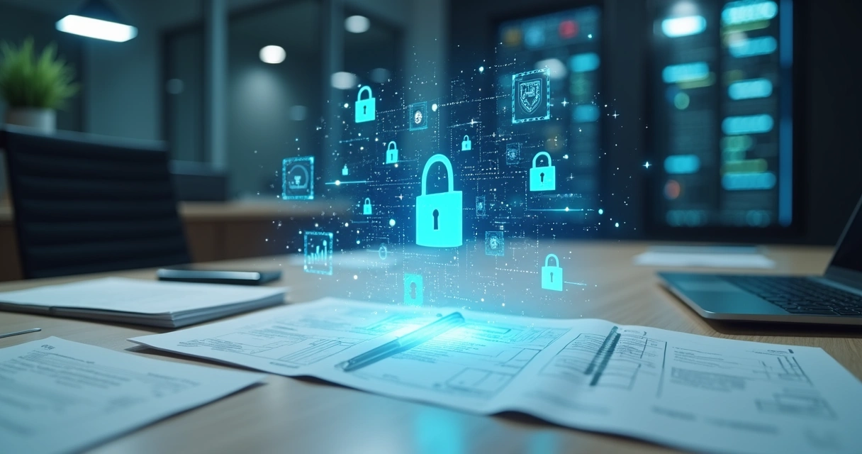 Mesa em ambientes corporativos, com documentos e hologramas de cadeados digitais 