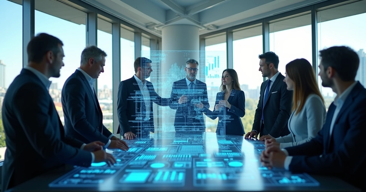 Equipe reunida analisando painel digital de dados 