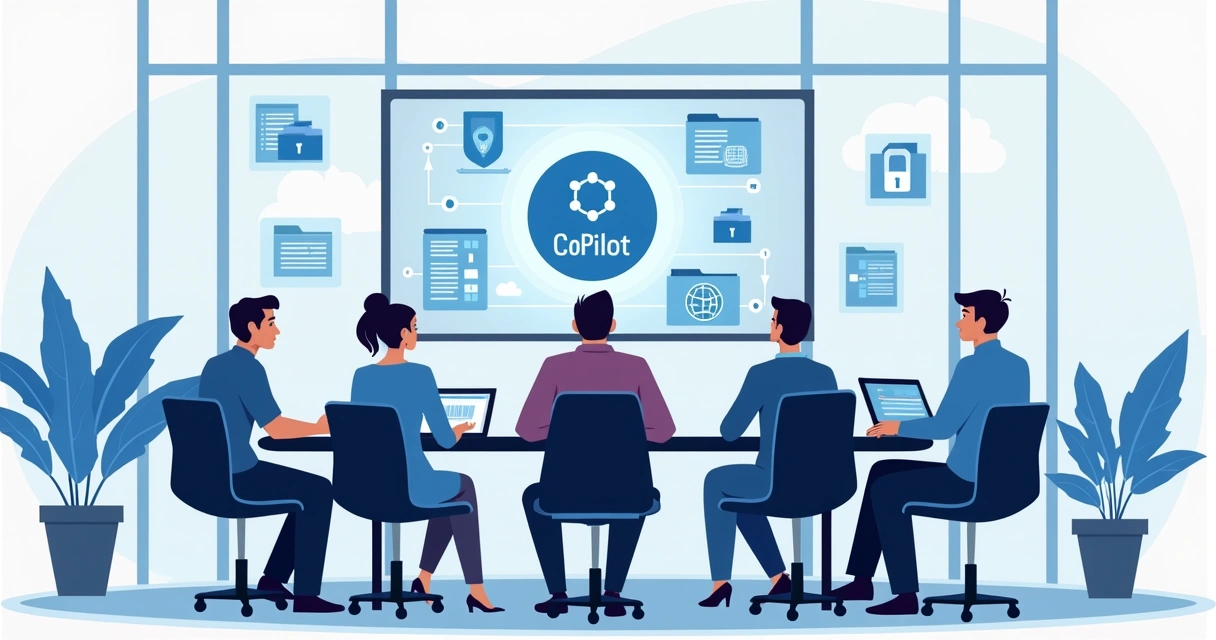 Equipe corporativa discutindo governança de dados com Excel Copilot 