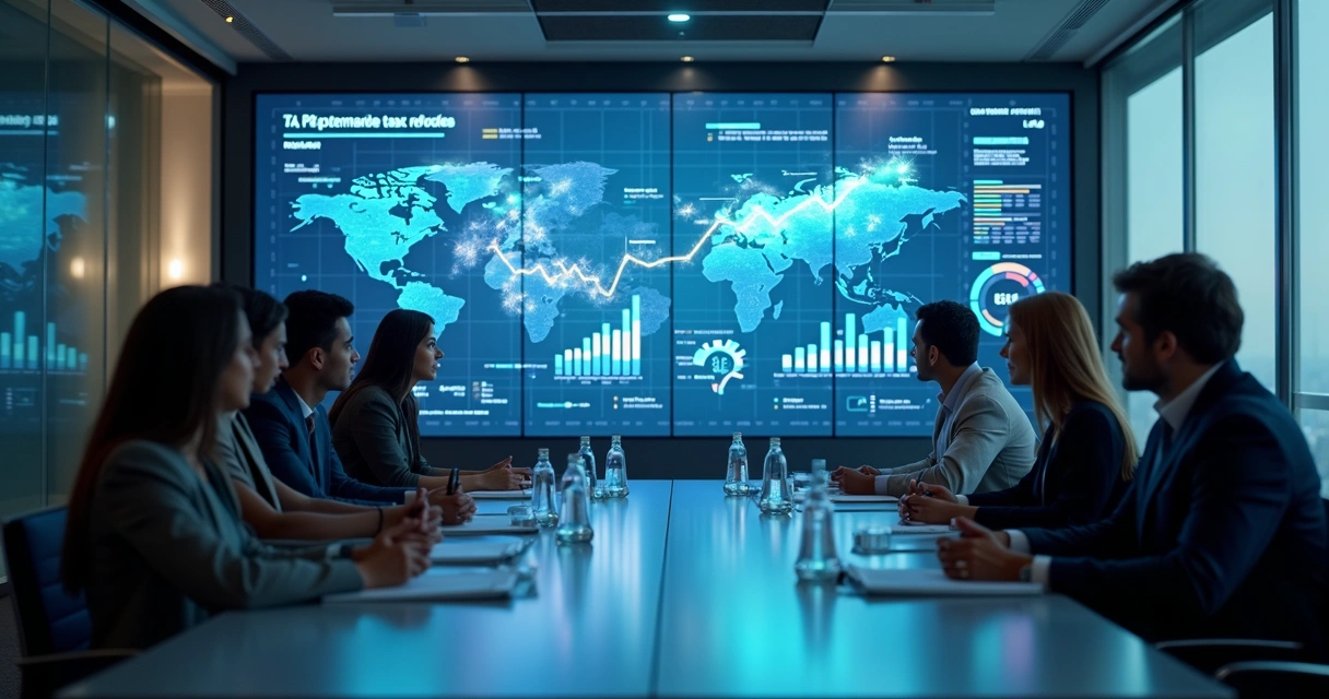 Equipe reunida analisando painel de dados em sala moderna 