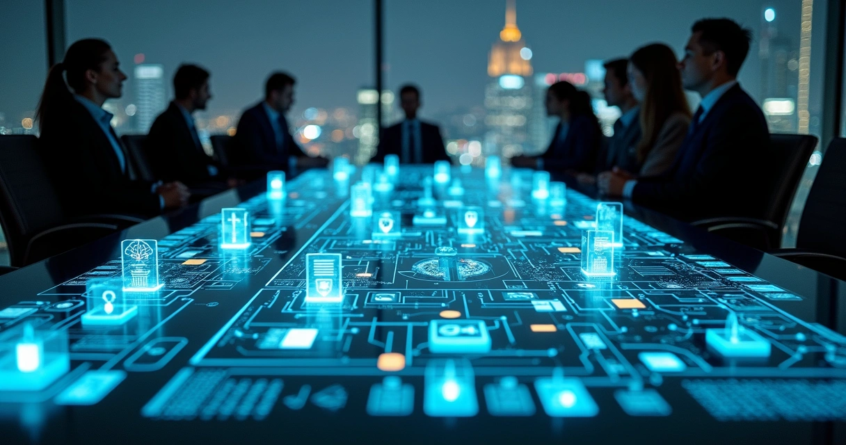 Tabuleiro estratégico com peças de dados e ícones de IA em ambiente corporativo futurista 