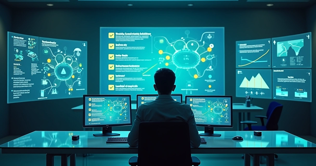 Painel digital exibindo checklist de governança de dados ligado a rede de dispositivos IoT 