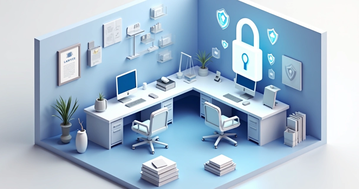 Gestão de leads e clientes em advocacia com PRM jurídico Representação de segurança de dados com ícones jurídicos e cadeado