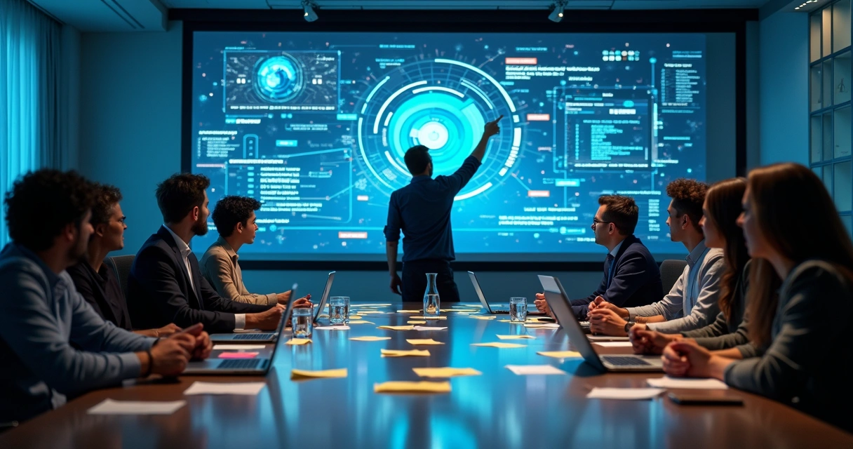 Time em sala de reunião analisando fluxos de dados em telas de computador 