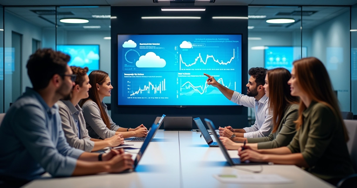Equipe de TI reunida em mesa analisando tela grande com gráficos de dados em nuvem 