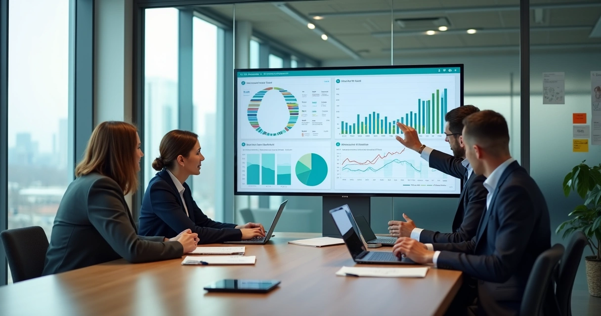 Gestores de pequena empresa analisando painel de dados em sala de reunião moderna 