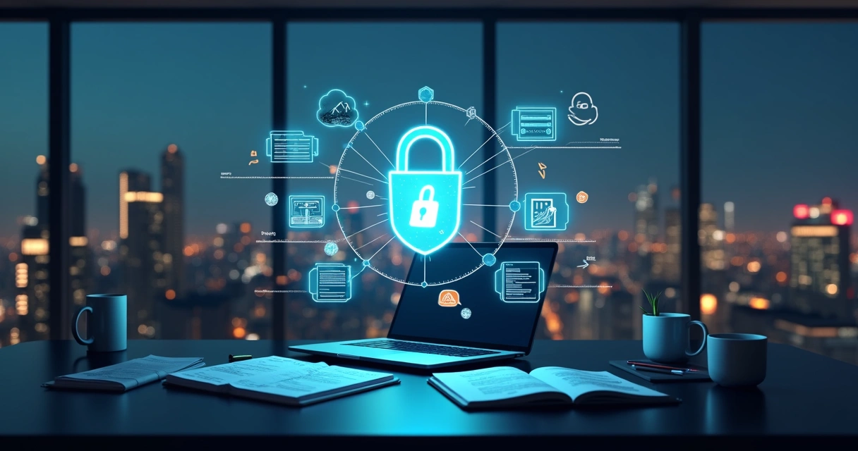 Painel digital com ícones de nuvem, cadeado e gráficos representando governança de dados em SaaS 