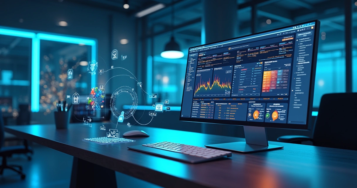 Tela de computador exibindo dashboards de governança de dados com gráficos, ícones de segurança e fluxos de dados automatizados 