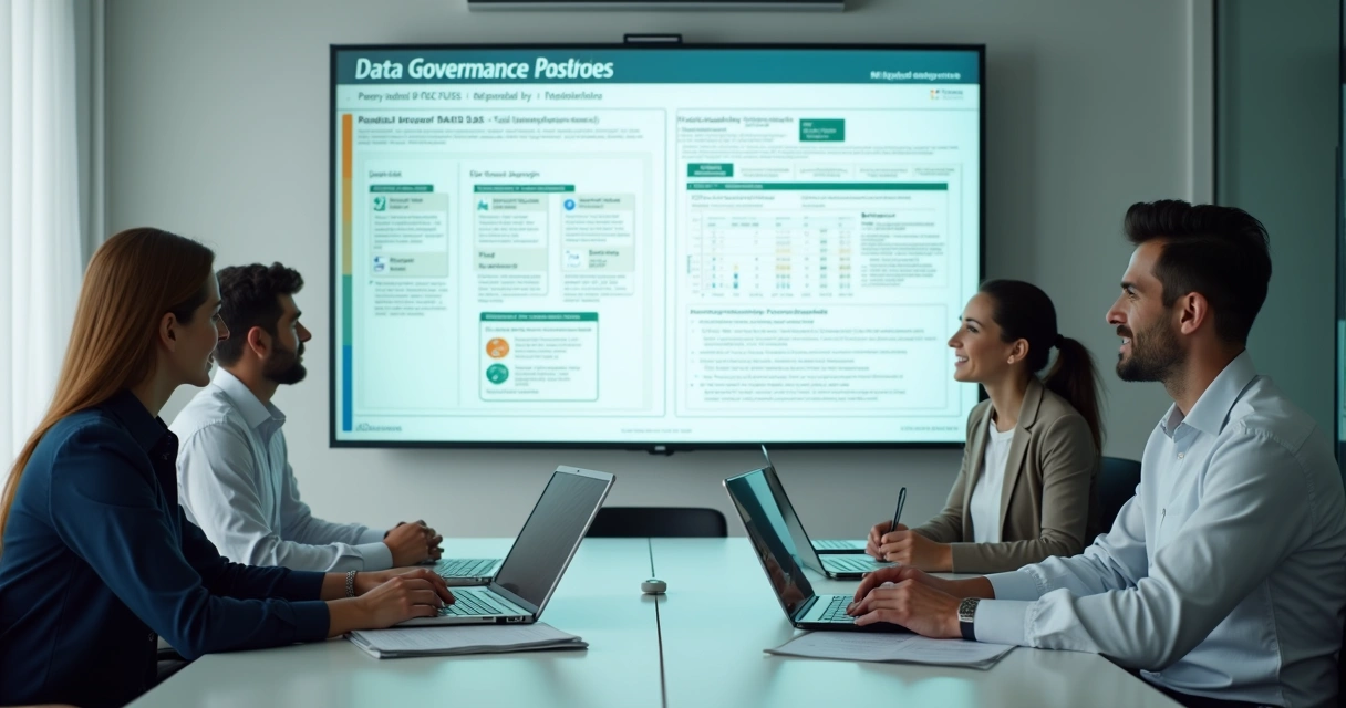 Equipe revisando política de governança de dados