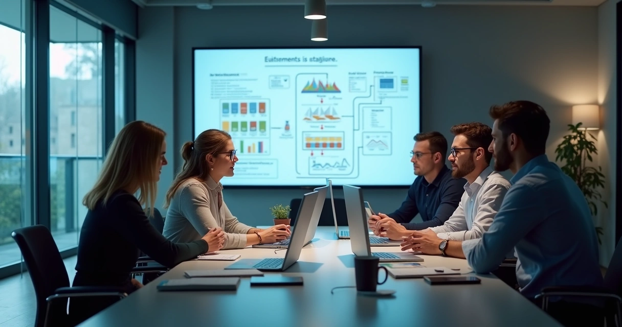 Equipe de TI em reunião sobre governança de dados, computadores e quadros com fluxogramas ao fundo 
